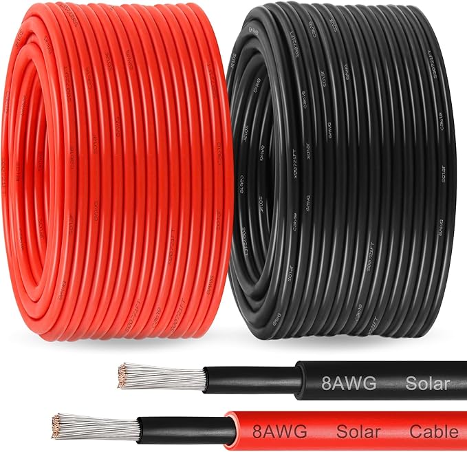 MOOKEERF Solar Pane Wire 8 AWG - Solar Extension Cable 150Ft Black &amp 150Ft Red 8 Gauge Tinned Copper PV Wire for Outdoor Automotive RV Solar Panel Boat Marine (Black+Red)