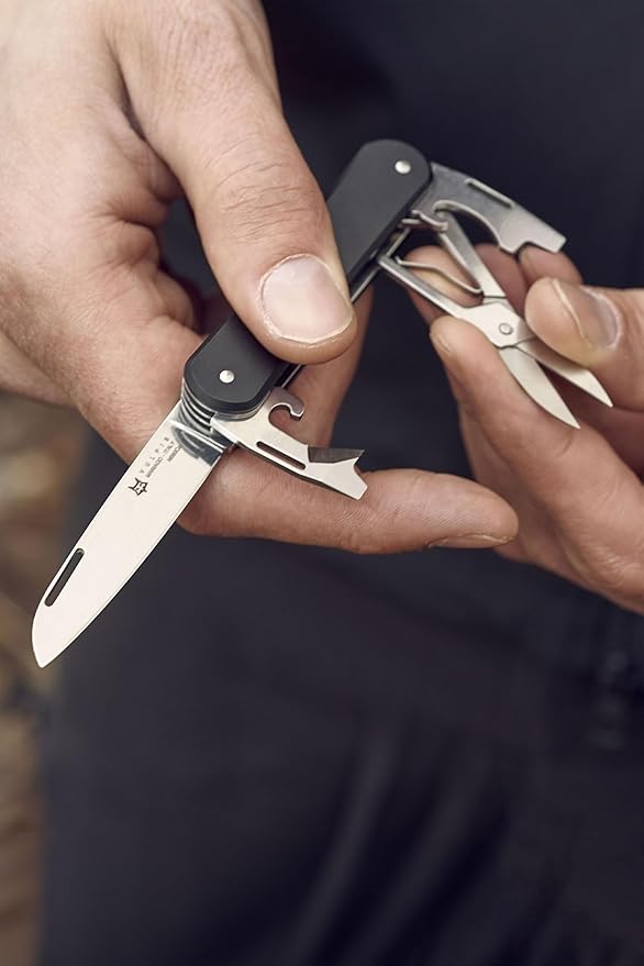 Fox Knives Vulpis FX-VP130-SF5 Slipjoint EDC Pocket Knife 5-in-1 Multitool - 2.17in Blade Hacksaw Bottle Opener Can Opener Scissors Flat Head Screwdriver - Every Day Carry (Black)
