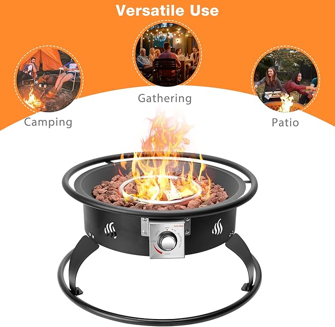 ONLYFIRE OUTDOOR LIVING Propane Gas Fire Pit 22¡± Portable Smokeless Fireplace with 12Ft Hose &amp Lava Rocks FirePit for Patio Backyard Bonfire Camping RV Tailgating Beach Party 55000BTU #FP001