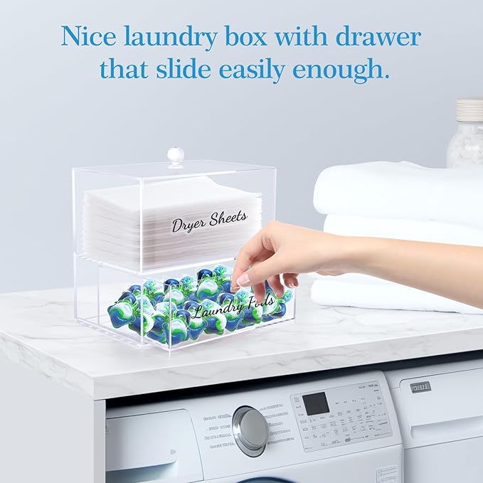 JYPS 1+1 Acrylic Dryer Sheet Holder with Drawer and Bamboo Lid Clear Acrylic Large-Capacity Laundry Pods Container Scent Boosters &amp Powder Laundry Room Organization decor Storage Jars Set
