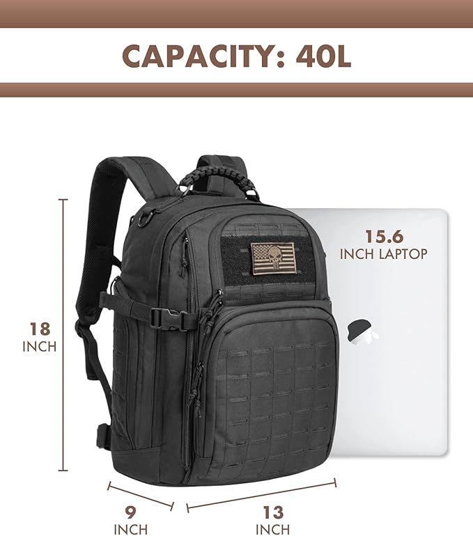 TRAILKICKER Military Tactical Backpack 40L for Men Hiking Camping Molle EDC Daypack Army Assault Pack Lightweight Work Backpack with Water Bladder Compartment Black