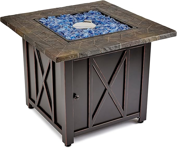 Endless Summer 30 Inch Square 30000 BTU Liquid Propane Gas Outdoor Fire Pit Table w/Push Button Ignition Blue Fire Glass &amp Steel Fire Bowl Bronze