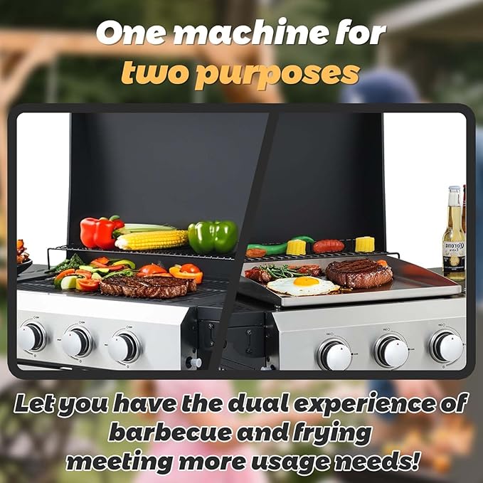 3 Burner BBQ Propane Gas Grill with Plancha Griddle Stainless Steel Patio Garden Barbecue Grill with Two Side Shelves36900 BTU Outdoor Barbecue Cooking with Top Cover Lid