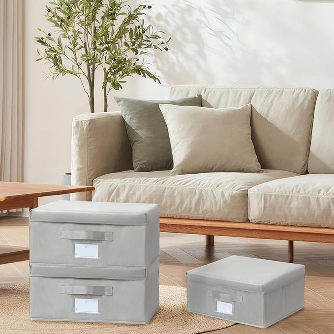 Set of 3 Stackable Fabric Storage Bins with Lid - Light Grey 14.2 L x 12.6 W x 6.3 H