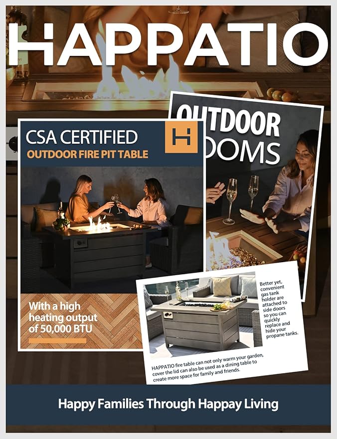 Propane Fire Pit Table HAPPATIO 48inch 50000 BTU Gas Fire Pit with Aluminum Slats Table Top Lid Black Glass Rock Aluminum Fire TableCSA Safety Certified for Outside Patio(Gray)