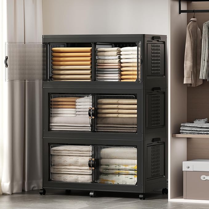 SAILUN 145Gal/579Qt Stackable Storage Bins Folding Collapsible Storage Bins with Lid Closet Organizers and Storage Box with Door Black 33.5 W x 19 D x 53 H