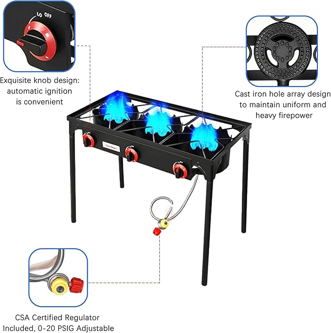 Vivicreate 3 Burner High pressure Propane Stove 28 Inch Tall Camping Stove with cast iron burner 105000 BTU power Stable Legs for Outdoor Use
