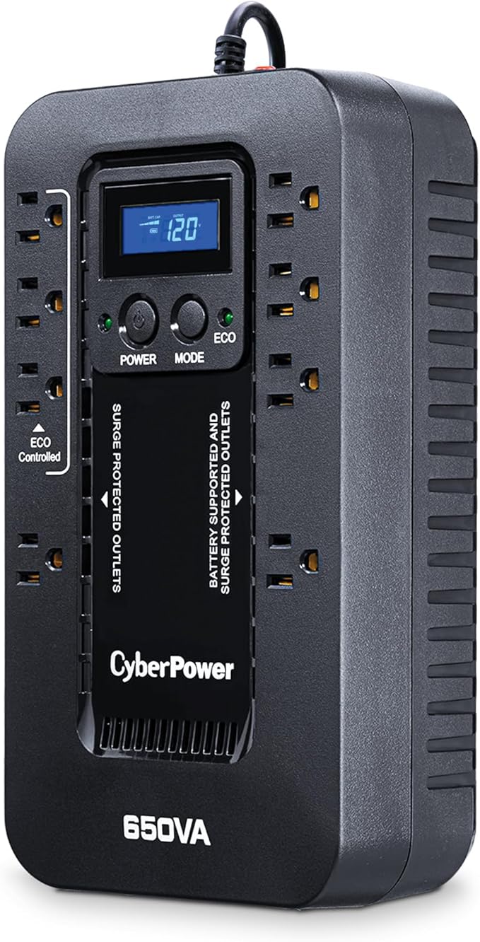 CyberPower EC650LCD Ecologic Battery Backup &amp Surge Protector UPS System 650VA/390W 8 Outlets ECO Mode Compact Uninterruptible Power Supply