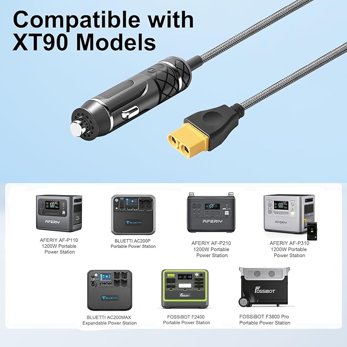TAIFU DC12V/24V XT90 Car Charger for AFERIY AF-P110/P210/P310/2001A Portable Power Station FOSSiBOT F3600 Pro Bluetti AC200 AC200P AC200Max Solar Generator Cigarette Lighter 16AWG Power Supply Cord
