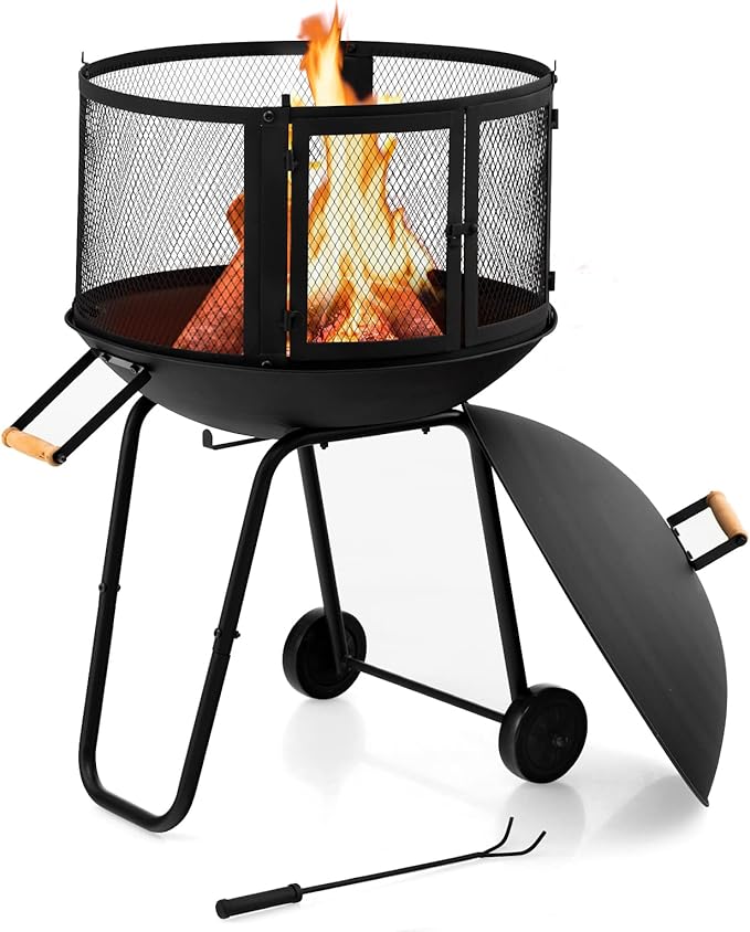 Giantex 28 Portable Fire Pit on Wheels Outdoor Mobile Wood Burning Firepit w/Log Grate Fire Poker Heavy-Duty Steel Frame &amp Solid Metal Top 2-Door Gate Rolling Fire Pits for Entertaining Camp