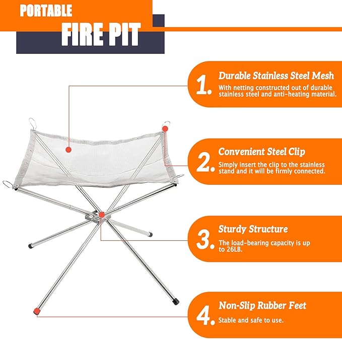 22 inch Portable Outdoor Fire Pit for Camping Upgrade Foldable Stainless Steel Mesh Fire Pits for Outside Wood Burning Collapsible Fireplace for PatioCampingBonfireBackyardGardenBBQ