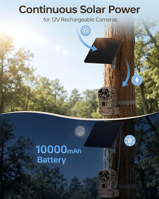 Trail Camera Solar Panel KJK 6W Solar Battery Charger 12V/1.5A with 10000mAh Built-in Battery IP67 Waterproof for Cellular &amp Wireless Hunting Cameras