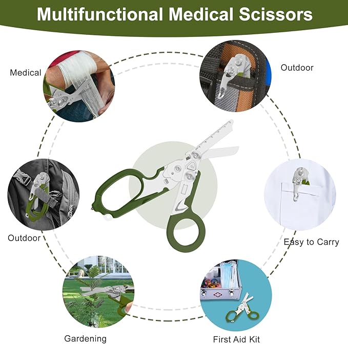 6 in 1 trauma shears folding emergency shear Outdoor Camping Tools Seat Belt Cutter Oxygen Cylinder Wrench Complimentary Adjustable Wrench (Electroplating Black Army Green)