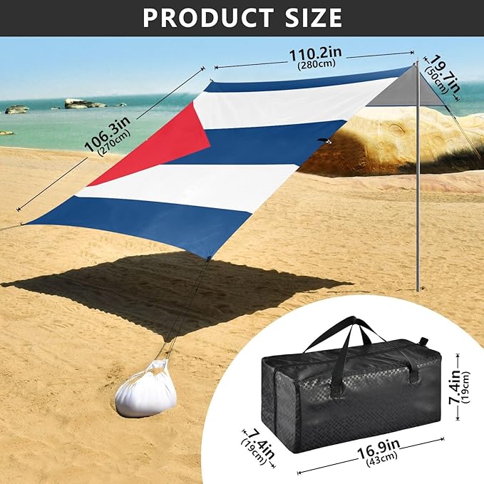 Cuba Flag Foldable Beach Canopy UPF50 Waterproof Large Portable Sun Shelter with Sand Shovel Sandbags for Family Trips Picnics &amp Camping