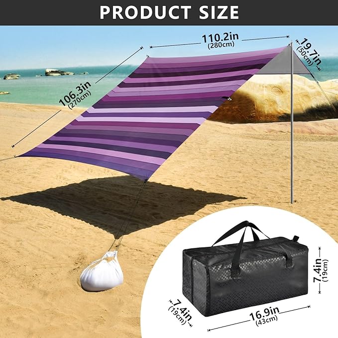 ALAZA Purple Stripes Beach Tent Sun Shelter Portable Canopy Sunshade for Outdoor Camping Picnics Backyard Fun 10x9 ft