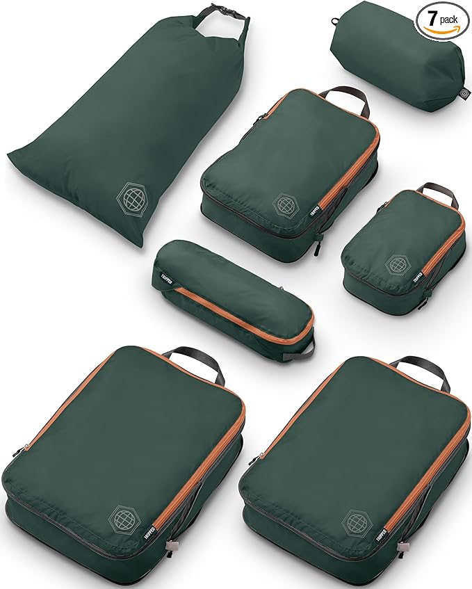 Large Compression Packing Cubes for Travel-Packing Cube Luggage Organizers 7 Piece Set for Checked Luggage-Ultralight Expandable/Compression Bags by TRIPPED Travel Gear (Green and Brown)