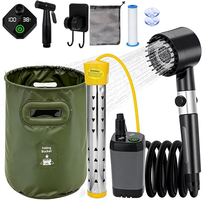 Portable Shower for Camping with Heater Portable Camping Shower Pump with 6000mAh Battery 1500W Water Heater 5.3Gal Foldable Bucket Digital Display Outdoor Shower for Camping Beach RV