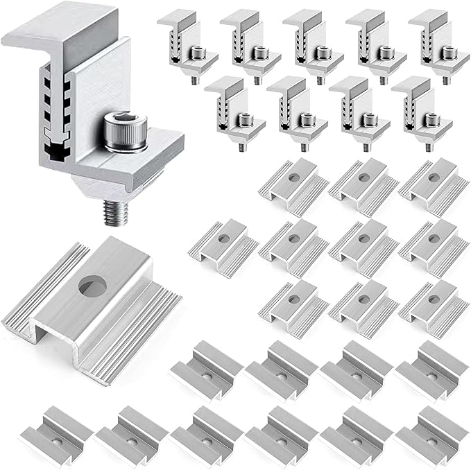 LANIAKEA 28PCS Solar Panel End Clamps 35-50 mm Adjustable End Panel Clamps Aluminum Solar Mid Clam for Metal Roof Tin Roof Flat Roof Solar Panel PV Mounting System