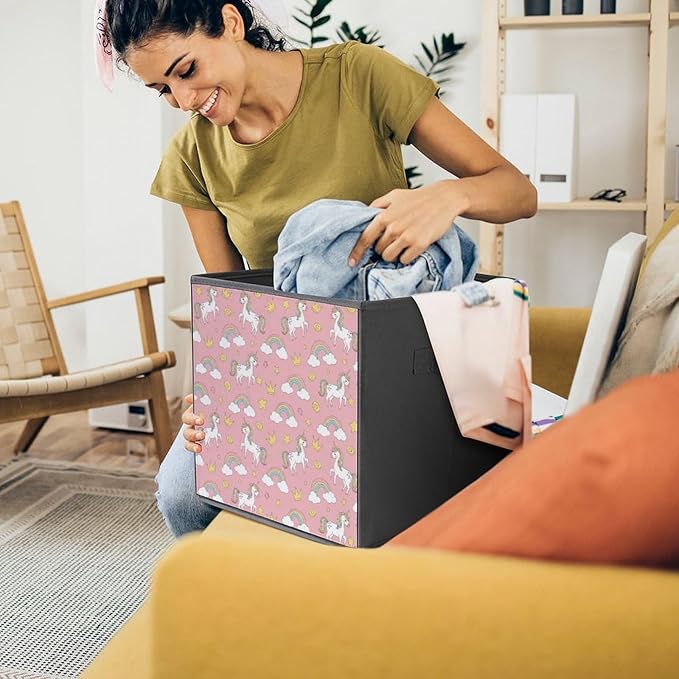 Collapsible Storage Box with Handles Cute Pink Unicorns Multi-Purpose Foldable Cube Bin for Pantry Garage Bathroom Quick-Fold Design for Easy Storage