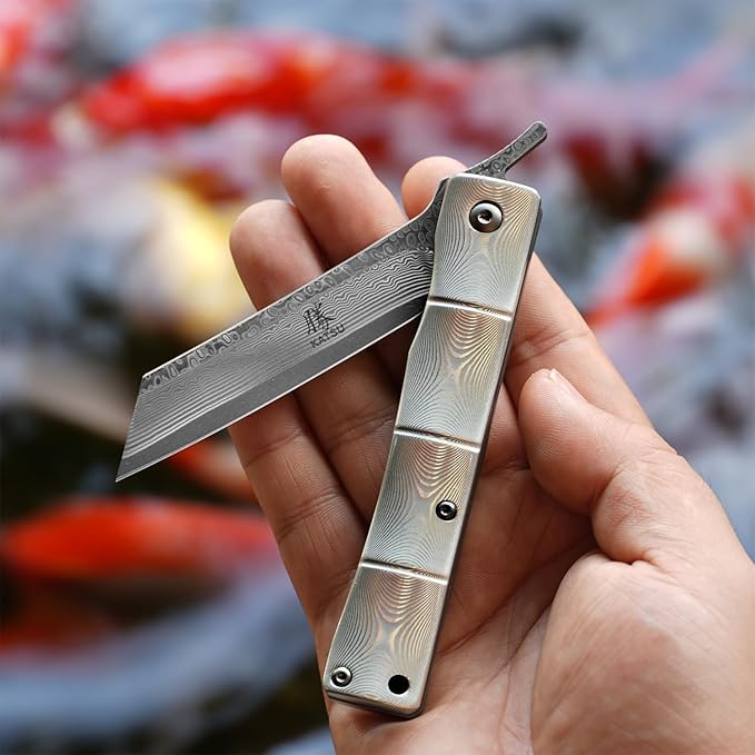 KATSU Handmade Full Damascus Pocket Knife3 Damascus Blade Bamboo Style Men Women Folding Knife with Clip Linner Lock Japanese Razor Work Knife with Leather Sheath Camping Hiking
