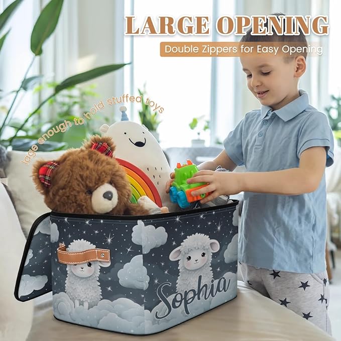 Custom Storage Basket with Name Personalized Storage Bins with Zipper Lid Foldable Fabric Storage Box Large capacity with Handle Cloud Sheep