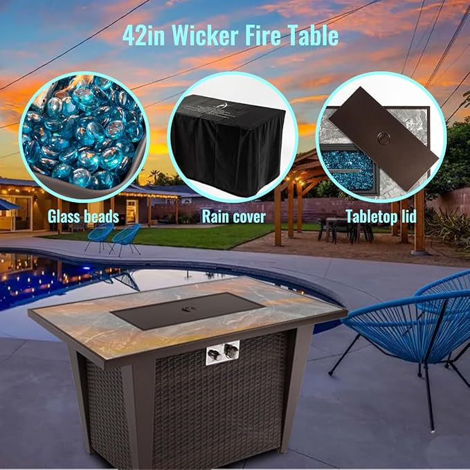 42'' Propane Fire Pit Table Marble Tile Ceramic Tabletop with Glass Wind Guard 50000 BTU Fire Table with Inclined Leg and Art Powder Design Blue Glass Rocks Including Lid&ampCover Brown