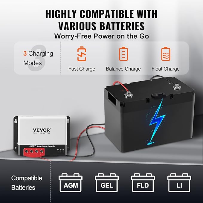 VEVOR 50A MPPT Solar Charge Controller 12V / 24V Auto DC Input Solar Panel Regulator Charger with Bluetooth Module 98% Charging Efficiency for Sealed(AGM) Gel Flooded and Lithium Battery Charging