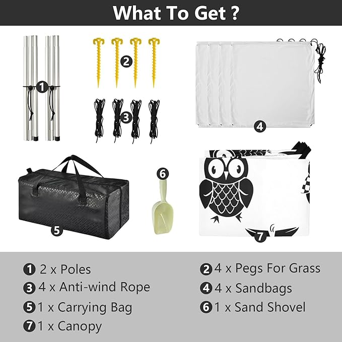 Owl Beach Canopy Sun Shelter with Sandbags &amp Sand Shovel &amp Windproof Ropes - Portable 110x126 Beach Shade Beach Tent for Camping Picnics