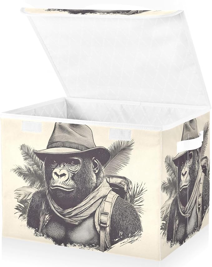 Storage Cube with Lid Gorilla Adventure Print 16.5×12.6×11.8 IN Collapsible Large Capacity Foldable Storage Basket Bin Organizer