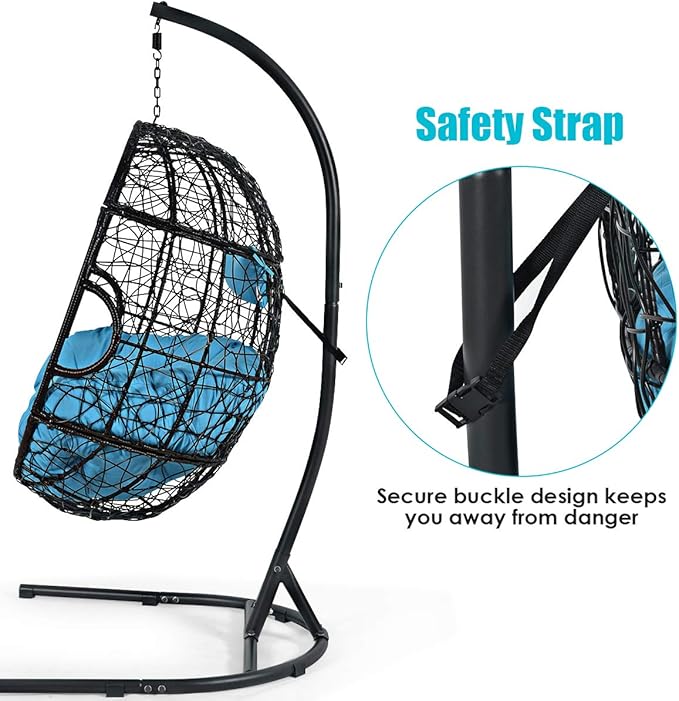 Giantex Hanging Egg Chair 36.5-Width Oversized Swing Chair with C-Hammock Stand Set Hammock Chair with Soft Seat Cushion &amp Pillow Multifunctional Hanging Chairs for Outdoor Indoor Bedroom (Blue
