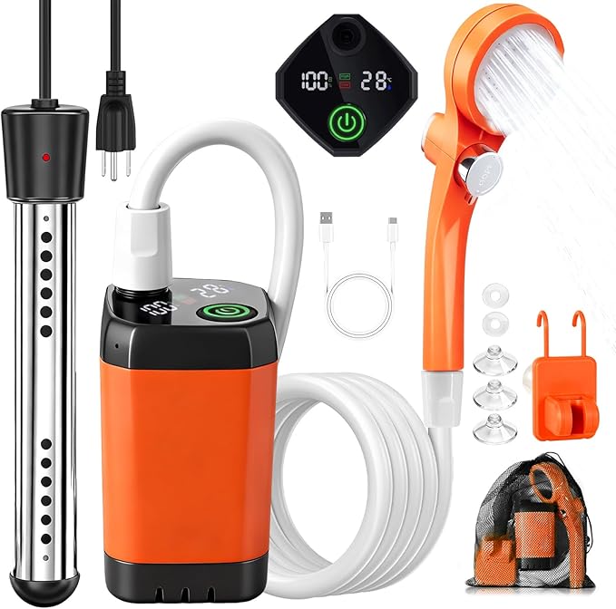 Portable Camping Shower with Heater 6000mAh Rechargeable Portable Shower with 2000W Immersion Heater LED Display Heated Camping Shower for Travel Hiking Car Pet