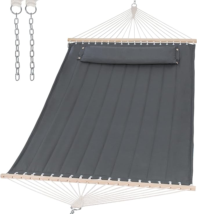 SUNCREAT Portable Tree Hammock with Hardwood Spreader Bar Extra Large Soft Pillow Heavy Duty 2 Person Hammock for Indoor Outdoor Gray