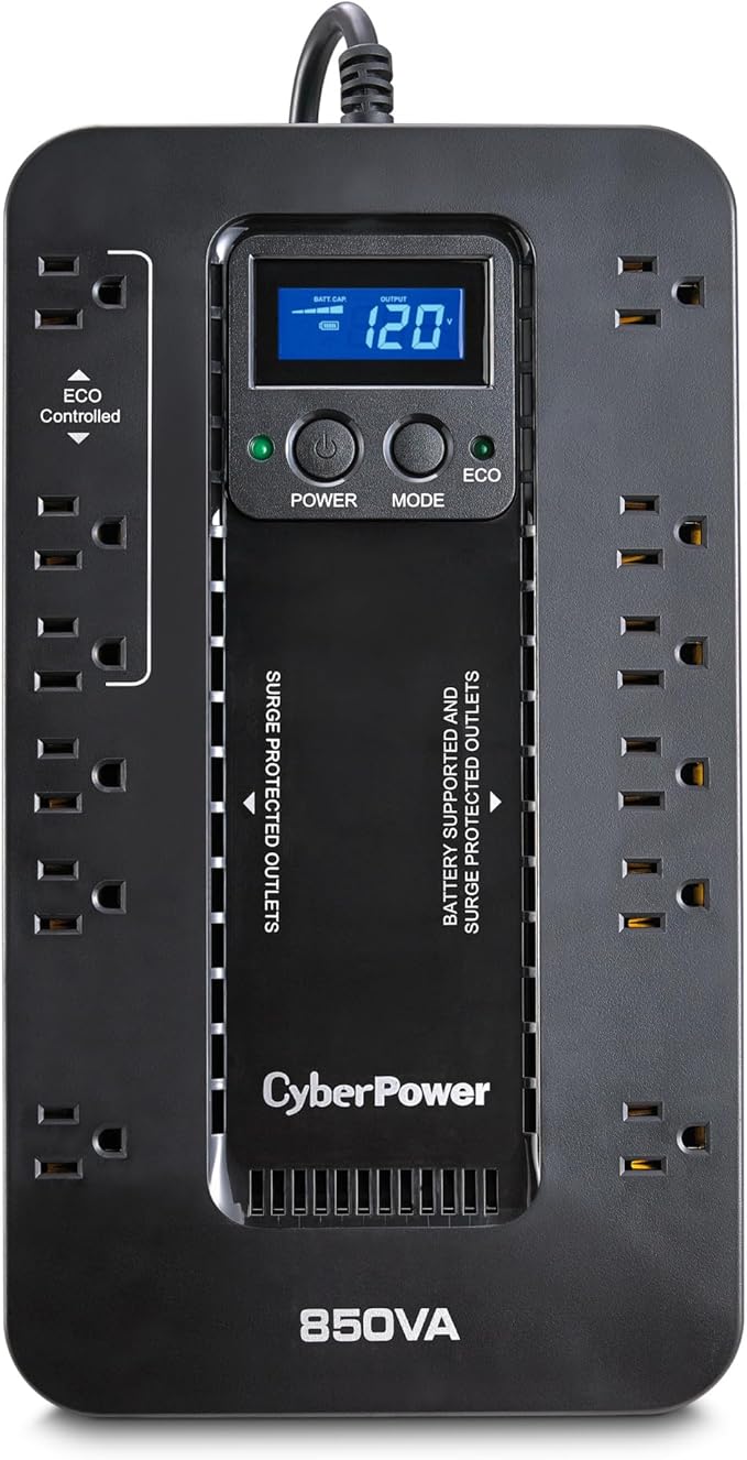 CyberPower EC850LCD Ecologic UPS Battery Backup and Surge Protector 850VA/510W 12 Outlets ECO Mode Compact UL Certified