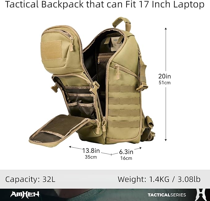 AMHEH 32L Tactical Backpack - 17 Laptop Suspended Protection 1050D Rugged Urban Everyday Carry Pack Get Home Bug Out Bag (Tan)