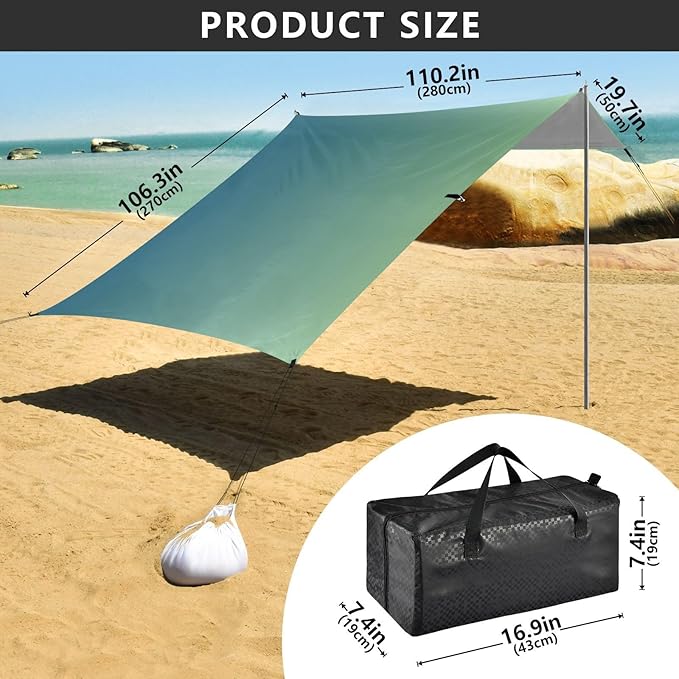 Dark Green Gradient Beach Cabana Tent UPF50+ Protection Easy Setup Sun Shelter with Sturdy Poles Sandbags and Shovel for Backyard and Camping