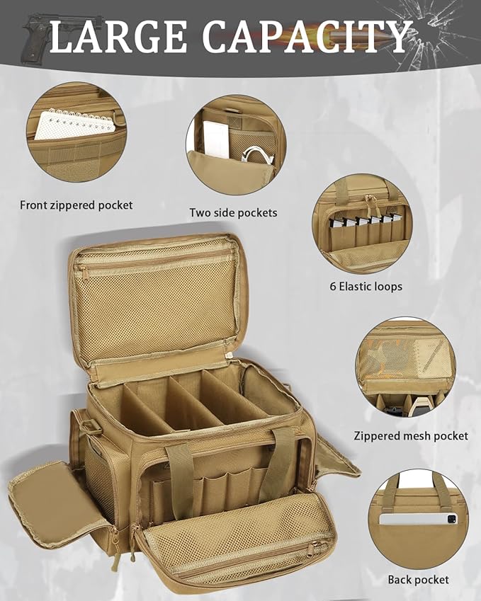 HAMBOLY Tactical Gun Range Bag for Handguns Pistol Range Bag with 6X Magazine Slots and Extra Pockets for Ammo and Essentials for Shooting Hunting Outdoor Sports