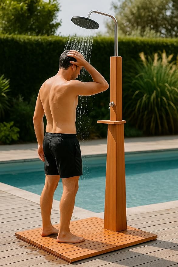 Ergode Height-Adjustable Outdoor Shower | Eucalyptus Wood and Steel | Pool Showers for Outside | Freestanding Outdoor Shower | Portable Shower for Camping