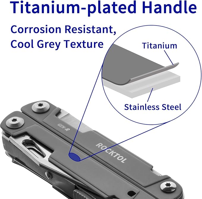ROCKTOL Multitool Pliers EDC Multitool Pocket Knife VG10 Blade 27-in-1 Multi-tool with Titanium-plated Handle Precision Screwdriver Gut Hook for Hunting Backpacking Hiking Camping (Gen-R)