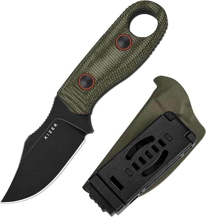 Kizer Beaver 2 Fixed Blade Knife 2.75 D2 Clip Point Blade EDC Hunting Knife with Green Micarta Handle Outdoor Camping Survival Knives with Kydex Sheath Small Neck Knives 1078M3