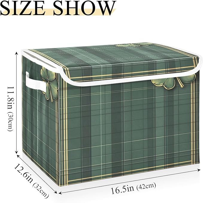 Christmas Storage Baskets with Lids Green Plaid Clover Collapsible Bins Stackable Fabric Linen Baskets Closet Organizer Container 16.5x12.6x11.8