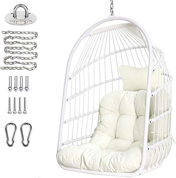 Chihee Egg Chair Foldable Wicker Rattan Hanging Swing Chairs Indoor Outdoor Patio Wicker Chair Hammock Chair with Stainless Steel Hanging Kit Chain Link UV Resistant Cushion Bedroom Balcony