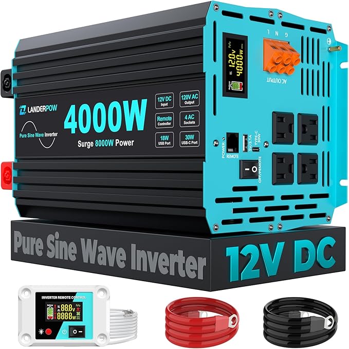 4000 Watt Inverter Pure Sine Wave 12V DC to 120V AC for RV Truck Solar Home Off-Grid Power Inverter with 4 AC Outlet 30W Type-C 5V 3.1A USB Hardwire Port Remote Control Surge 8000W