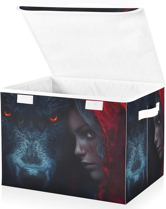 Storage Cube with Lid Wolf and Red Print 16.5×12.6×11.8 IN Collapsible Large Capacity Foldable Storage Basket Bin Organizer