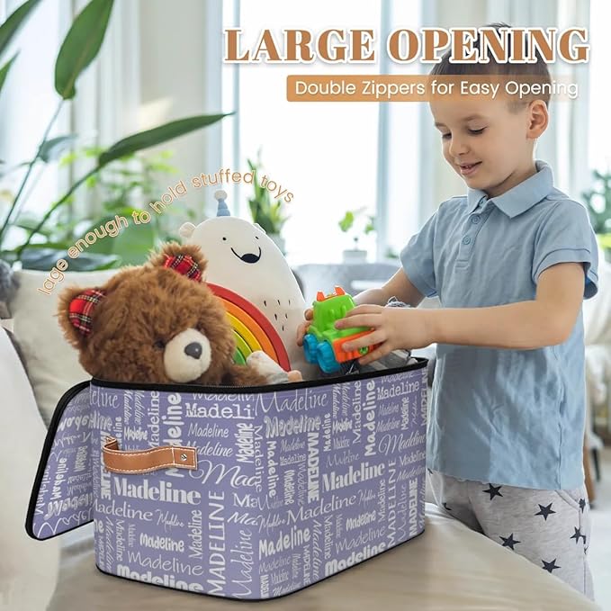 Custom Storage Basket with Name Personalized Keepsake Box with Zipper Lid Foldable Fabric Memory Bin Large capacity with Handle Haze Purple