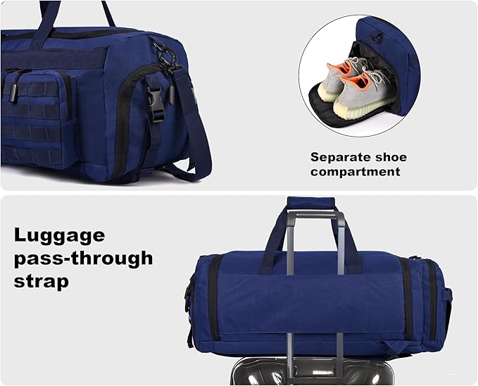 LHI 50L Tactical Duffle Bag for Men 3-in-1 Gym Duffle and Backpack Shoe Compartment Laptop Sleeve and MOLLE Carry-On Travel Weekender and Overnight Bag – Blue