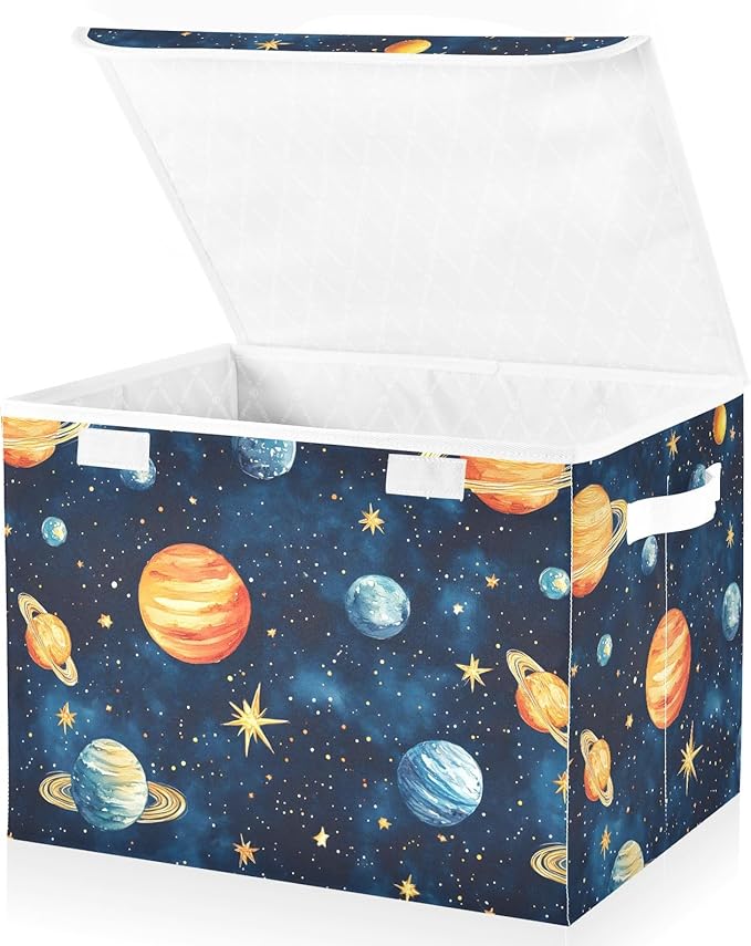 AIXIWAWA Lidded Storage Cube (Watercolor Planets) Fabric Foldable Closet Bins with Flip Lid and Handles Organizer Basket Container 16.5 x 12.6 x 11.8 IN