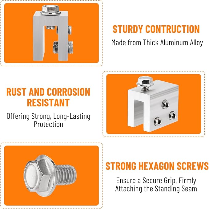 12PCS Standing Seam Roof Clamps Metal Roof Fixing Clamps Racking Bracket for Solar Panel Module Installation Starlink Base Heat Cable and Snow Guard Attachment