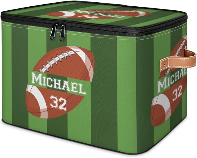Custom Storage Bins with Zipper Lid Football Personalized Foldable Storage Baskets Green Stripes Closet Shelf Clothes Organizer Cube with PU Leather Handles