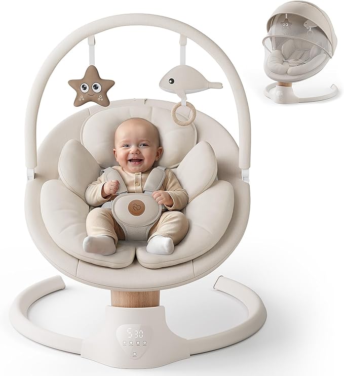 Baby Swings for Infants FasonBaby Electric Baby Swing with 10 Preset Melodies 5 Speeds Remote Control and Bluetooth - Portable Infant Swing for Indoor and Outdoor(Beige)