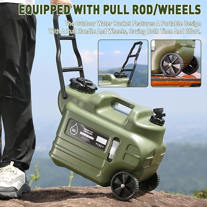 7.4 Gallon Water Jug 28L Portable Water Container with Wheel &amp Pull Handl Spigot Cleaning Brush Detachable Hose &amp Extra Lid BPA-Free Camping Hydration Canteen Outdoor Tank Storage PE - G